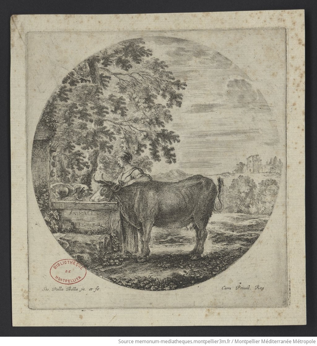 Femme faisant boire une vache à une fontaine ornée des armes des Médicis,