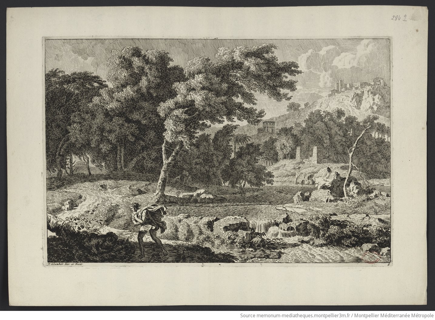 Paysage arcadien avec un homme marchant contre le vent (planche 9)