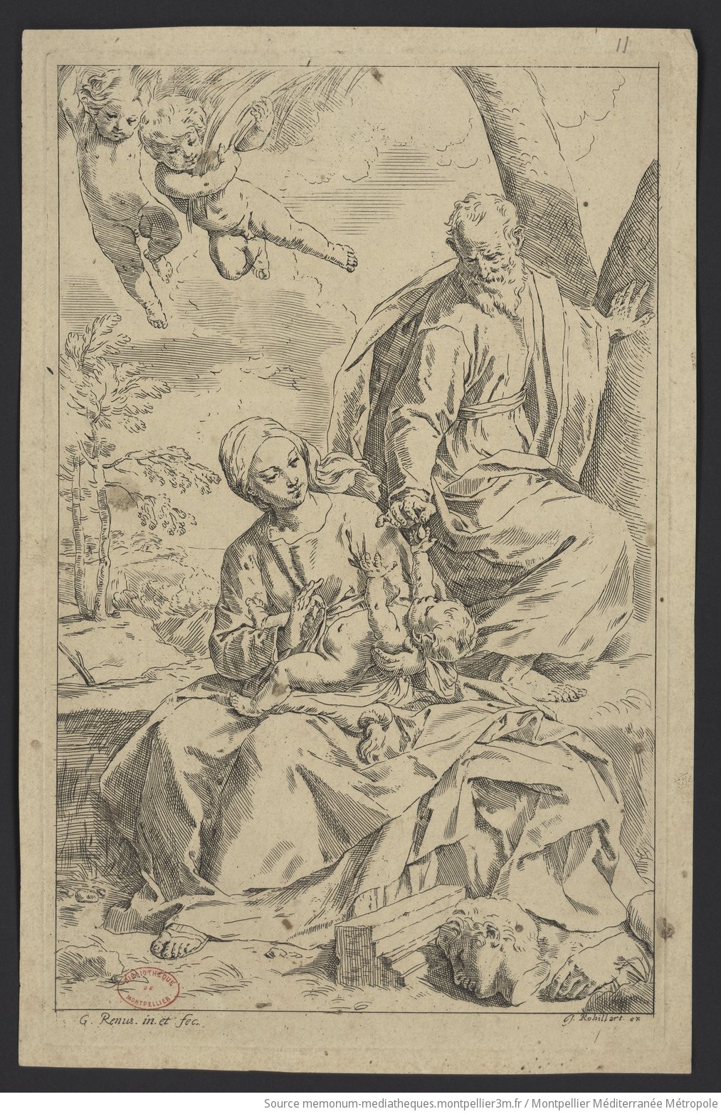 Le Repos dans la Fuite en Egypte : Sainte Famille. Version dans laquelle la Sainte famille est installée sur des ruines (titre du catalogue manuscrit)
