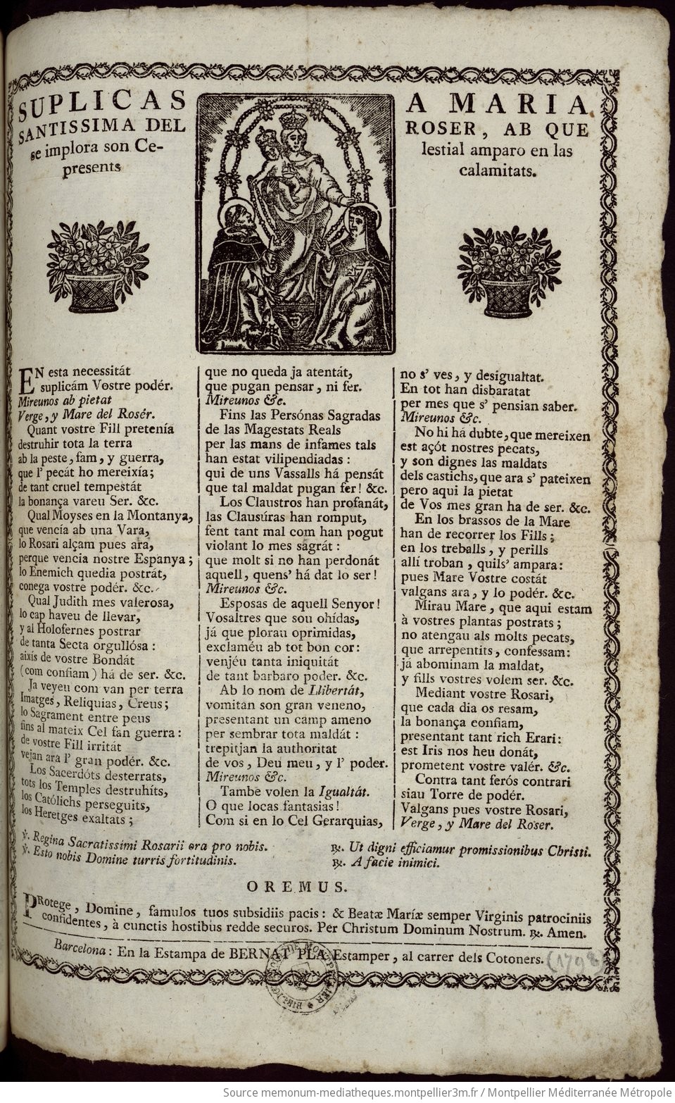 Suplicas a Maria Santissima del Roser, ab que se implora son celestial amparo en las presents calamitats