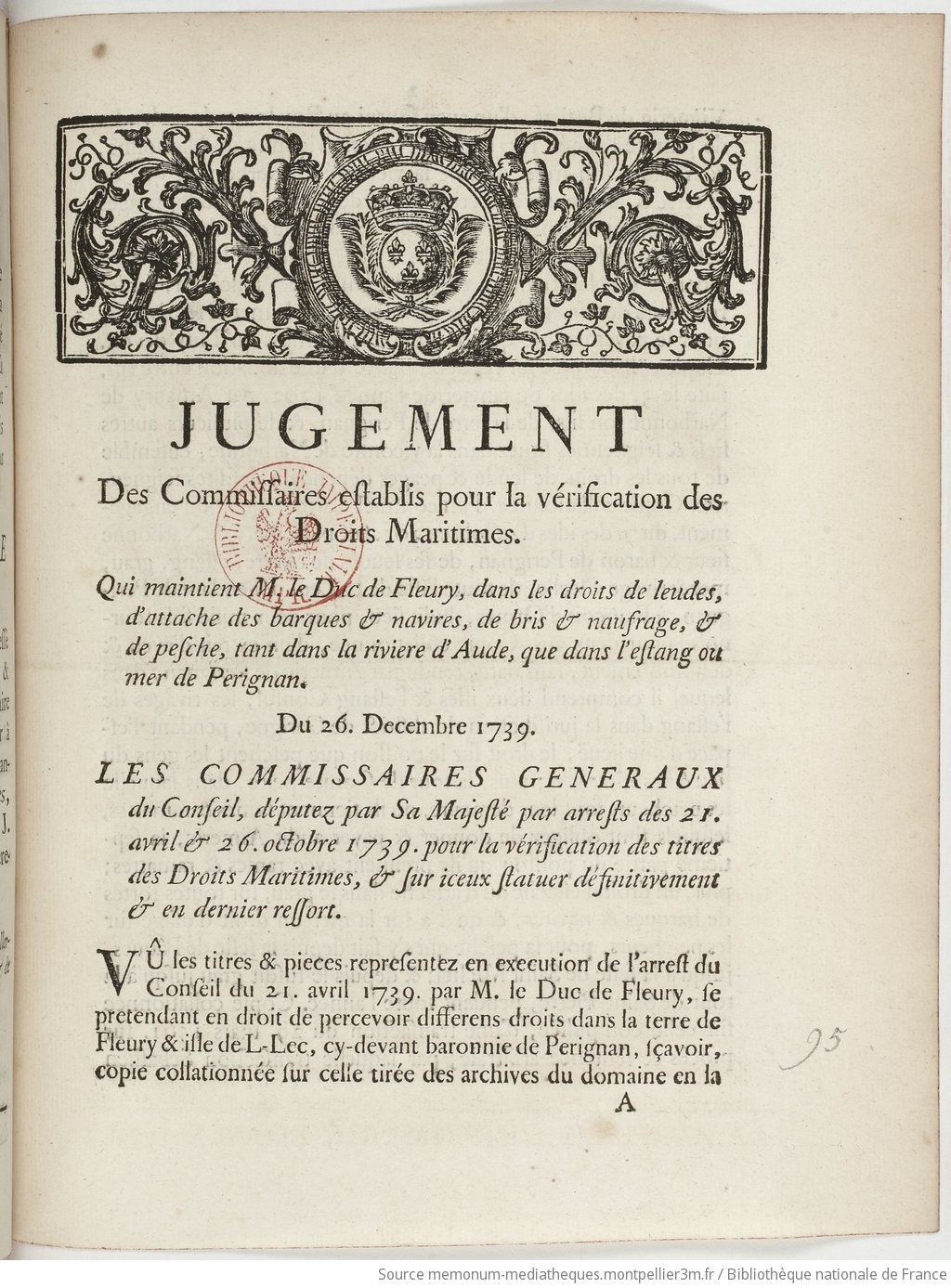 Jugement des commissaires établis pour la vérification des droits maritimes qui maintient M. le Duc de Fleury dans les droits de leudes, d'attache des barques et navires, de bris et naufrages et de pêche, tant dans la rivière d'Aude que dans l'étang ou mer de Pérignan - vue 1 - page NP