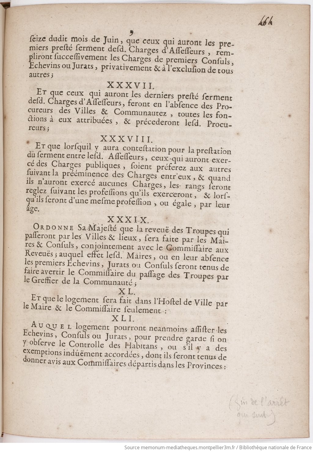 Arrêt du Conseil d'Etat portant règlement général pour les fonctions, rang et séance des maires, assesseurs et commissaires aux revues et logements des gens de guerre des généralités de Bordeaux, Toulouse, Montpellier et Montauban - vue 1 - page 9