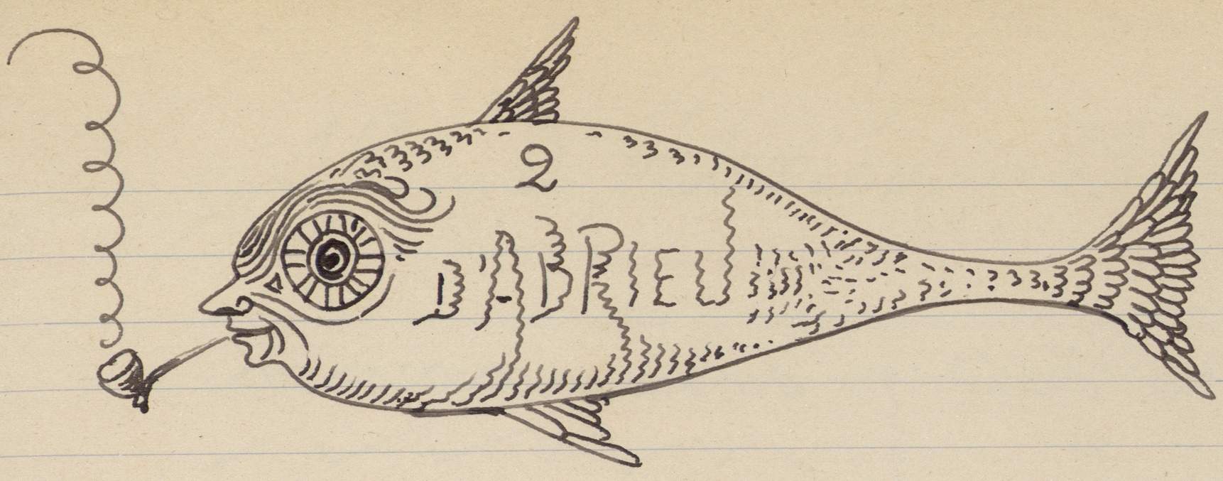 dessin poisson fumant une pipe noir et blanc