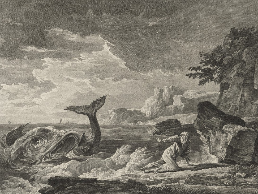gravure noir et blanc jonas et la baleine