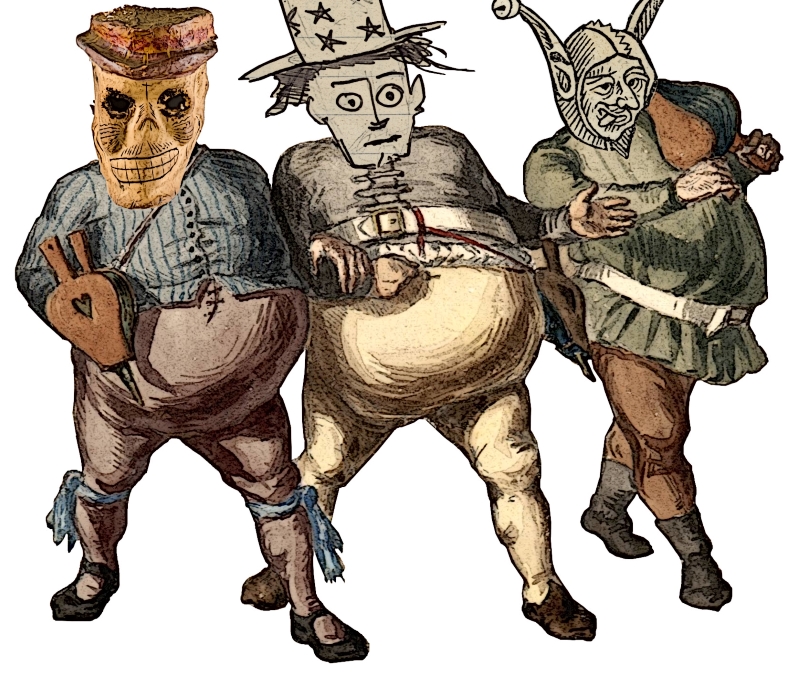 trois personnages masqués portant soufflets
